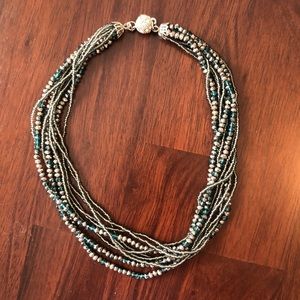 Turquoise Gray & Silver Beaded Necklace